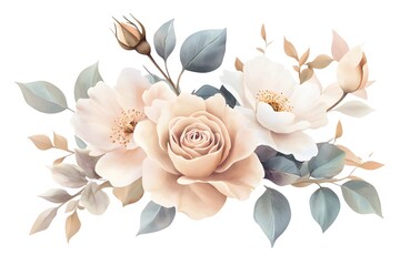 Watercolor floral bouquet, roses and peonies flower arrangement vector illustration isolated on white background, pastel color palette, muted colors, clipart style, isolated elements, pastel soft tone