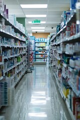 Aisle in a pharmacy showcasing various health and wellness products.