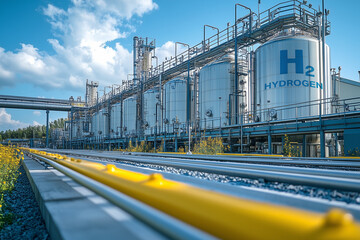 Hydrogen renewable energy production - hydrogen gas for clean electricity solar and windturbine facility. 