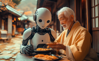 humanoid AI robot assists old senior woman in her household. serving drink and food, replacing human caregiver