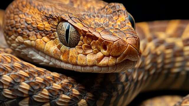 A close-up of a brown and black snake with a keen eye