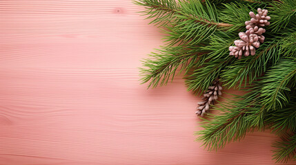 Spruce branches on a pink wood background