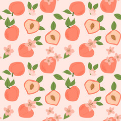 Hand drawn abstract fruit peach pattern with plant parts and sliced food. Seamless pattern for textile, wrapping paper, posters. Fashion textures.