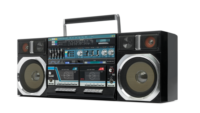 Old cassette portable boombox, isolated on a transparent background png.