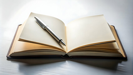 Naklejka premium Open book with pen on blank pages, knowledge, education, writing, creativity, inspiration, literature, reading, studying