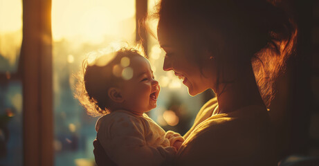 A mother holding the newborn in front of a bright light from a window at home. Close up photo of a happy woman and laughing child looking at each other with love and care, in a warm atmosphere.