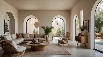 a minimalist Mediterranean-style interior with a neutral color palette. The layout features a spacious room with arched doorways and a high ceiling.