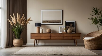 a minimalist Mediterranean-style interior with a neutral color palette. The layout features a spacious room with arched doorways and a high ceiling.