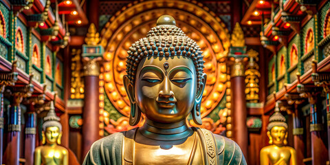 Fototapeta premium Statue of Buddha in temple with intricate details and peaceful expression, Buddha, statue, temple, religious, spirituality