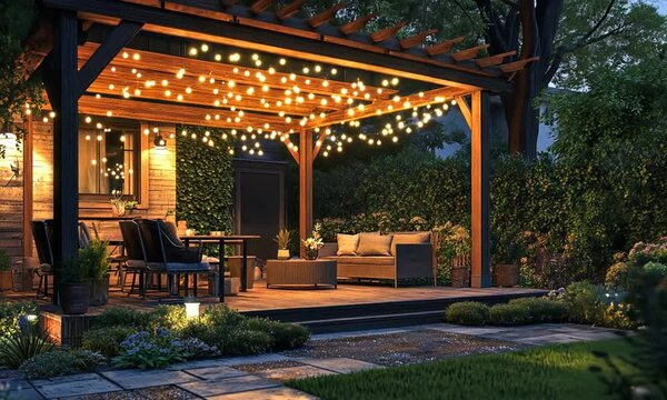 Cozy outdoor patio with string lights and comfortable seating.