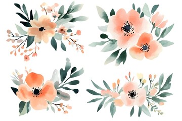 Obraz premium Set of watercolor floral bouquet illustration collection, isolated on a white background. 