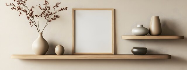 Modern minimalist style, beige wall with wooden shelves and vases on the shelves, blank poster frame above