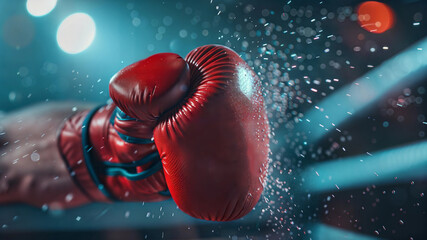 Dynamic boxing punch with red gloves in action with water droplets in air