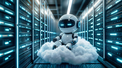 cloud computing in business, a robot sits on a cloud in a server room