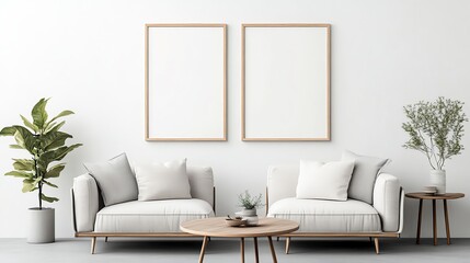 Stylish living room with modern sofas, empty frames, and greenery, creating a cozy and inviting atmosphere for relaxation.