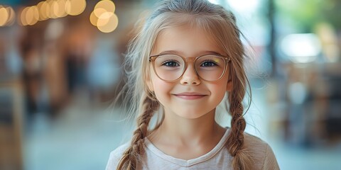 A cute little girl smiling happily while trying on glasses in an eyeglasses store, with a blurred background, capturing the joy of finding the perfect pair.
