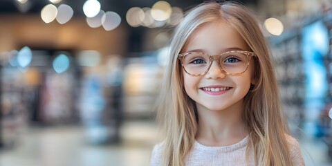 A cute little girl smiling happily while trying on glasses in an eyeglasses store, with a blurred background, capturing the joy of finding the perfect pair.
