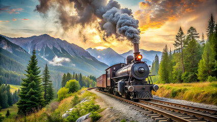 Fototapeta premium Vintage steam locomotive traveling on a railway track surrounded by nature and mountains, vintage, steam locomotive