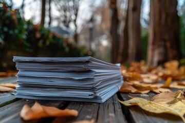A serene autumn scene with stacked papers among fallen leaves on a wooden pathway in nature's embrace