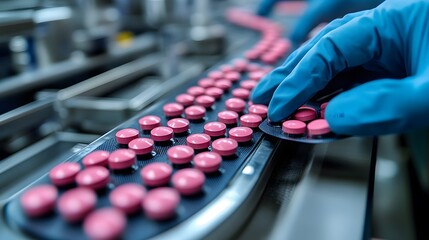 A close-up of a worker in blue gloves handling pink tablets on a conveyor belt in a pharmaceutical manufacturing setting.