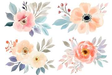 Set of watercolor floral bouquet illustration collection, isolated on a white background. 