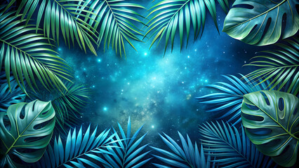 Tropical leaves in blue color against space background, tropical, leaves, foliage, plant, blue, color, space, background
