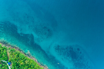 Exotic idyllic sea rocky island turquoise sea bay with green tree forest