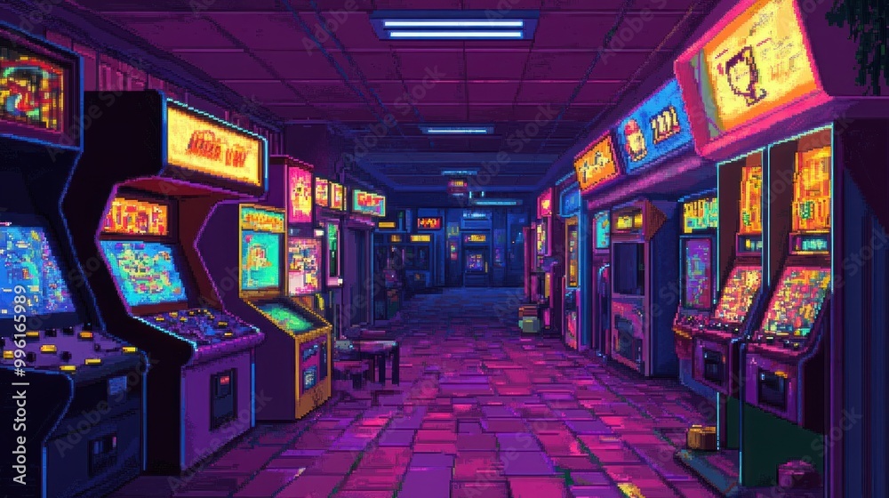 Poster Pixelated Arcade Alleyway with Neon Signs and Arcade Cabinets