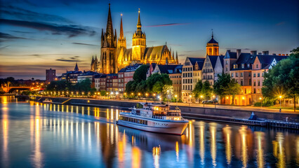 Fototapeta premium Cityscape at night with illuminated cathedral and boat on water, cityscape, night, cathedral, boat, water, illuminated