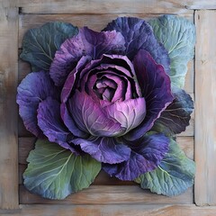 Fototapeta premium A beautifully arranged cabbage, with its layers of green and purple leaves displayed against a natural wooden backdrop.