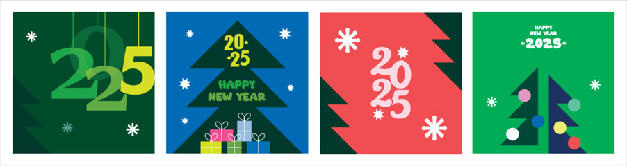 Merry Christmas and Happy New Year 2025 greeting card Set. Minimalist square banner mockup