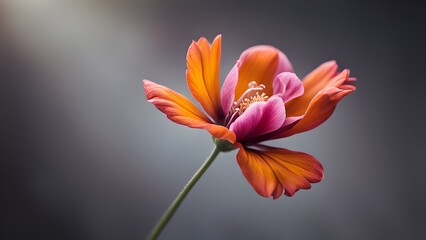 Fototapeta premium A single orange and pink cosmos flower with delicate petals against a soft grey background.