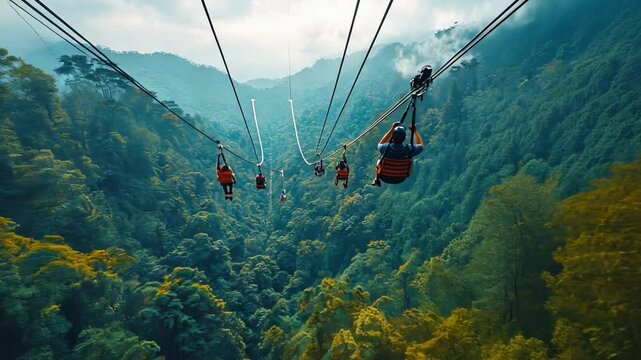 A combination of adrenaline and wonder at the breathtaking scenery is felt by tourists zip-lining over a dense Asian rainforest.