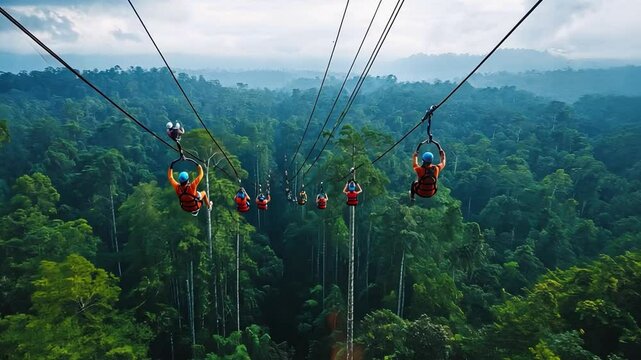Tourists zip-lining over a dense Asian rainforest, soaring above the treetops with a mix of adrenaline and awe at the stunning landscape.