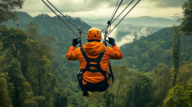 Tourists zip-lining over a dense Asian rainforest, soaring above the treetops with a mix of adrenaline and awe at the stunning landscape.