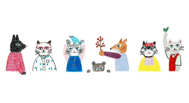 手書きイラスト　テーブルに並んで座る動物たち