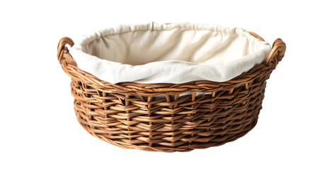 a basket with a white cloth inside. 