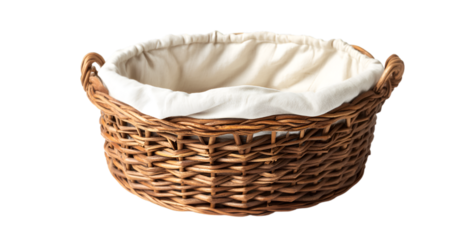 a basket with a white cloth inside. 