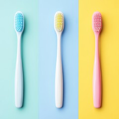 Toothbrushes on a colored background top view. Oral hygiene.