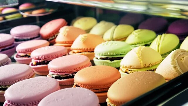 Different fresh french pastel colorful macarons. generative ai 