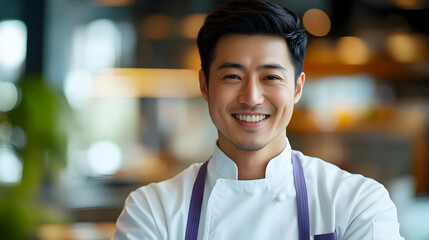 Fototapeta premium Portrait of a Smiling Asian Man in a White Chef's Uniform with Purple Straps, Looking Directly at the Camera in a Restaurant Setting