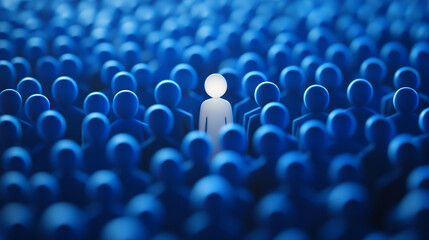 Obraz premium distinct white figure stands out among sea of blue silhouettes, symbolizing individuality and uniqueness in crowded environment. This image evokes sense of isolation and clarity