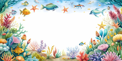 Obraz premium Underwater life border frame with white blank space backdrop, watercolor painting style, undersea, ocean, marine life