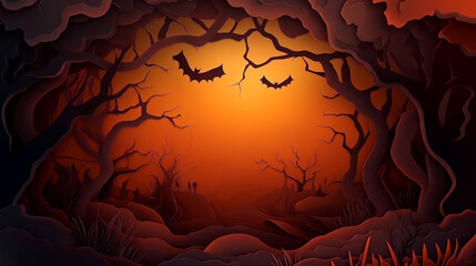 Eerie Halloween background featuring dark forest with twisted trees and bats. vibrant orange glow creates festive yet spooky atmosphere, perfect for Halloween decorations