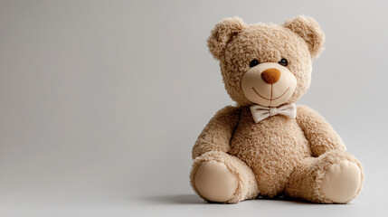 Obraz premium A light brown teddy bear sits on a light surface.
