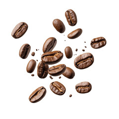 Roasted coffee beans falling  isolated on a transparent background  