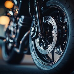 Motorcycle wheels close up with blurred details.