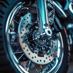 Motorcycle wheels close up with blurred details.