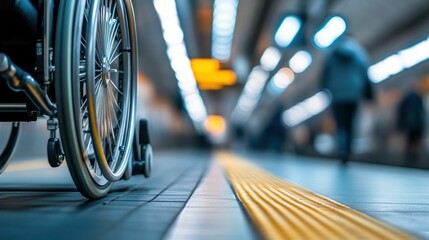 Obraz premium Wheelchair in a Busy Subway Station with Blurred Commuters. Generative ai