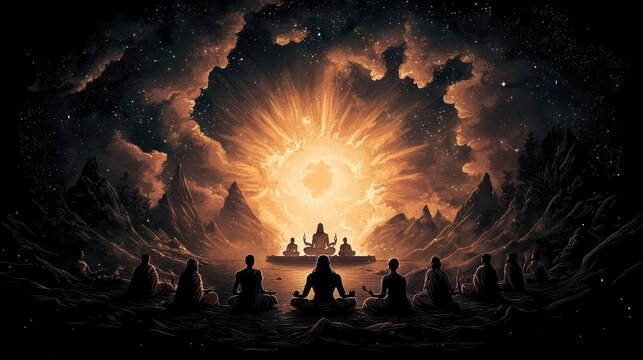 Grand temple painting of Vishnu presiding over a cosmic festival, devas and asuras in harmony, Vishnu festival, divine celebration, cosmic balance